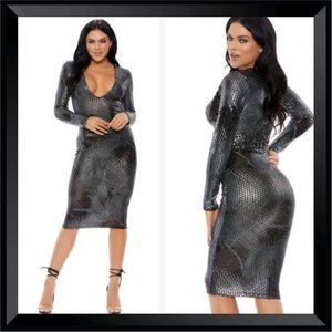 Gunmetal Sequin Midi Dress